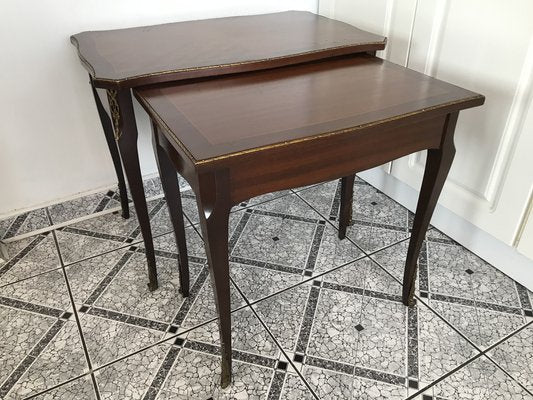 Walnut Tables with Brass Applications, 1970s, Set of 2-WQQ-1716426