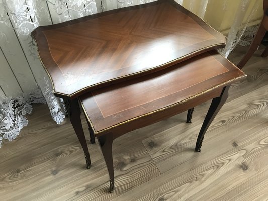 Walnut Tables with Brass Applications, 1970s, Set of 2-WQQ-1716426