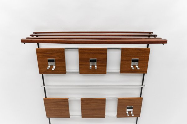 Walnut Wall Coat Rack with Chrome Hooks, 1960s-KQB-1725380