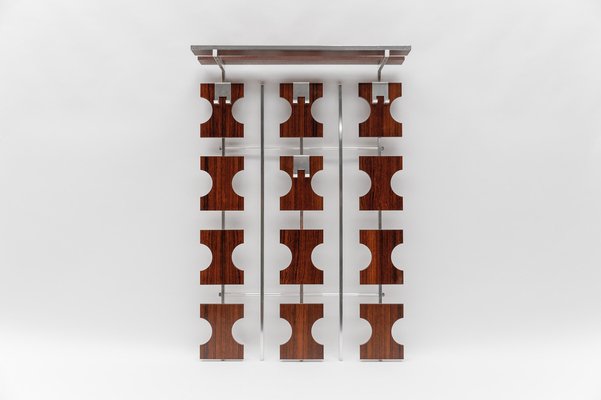 Walnut Wall Coat Rack with Chromed Hooks and Matching Umbrella Stand, 1970s, Set of 2-KQB-1724067