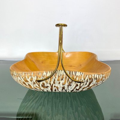 Walnut Wood & Brass Bowl Basket Centrepiece by Aldo Tura for Macabo, Italy, 1950s-LYQ-1171587