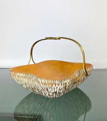 Walnut Wood & Brass Bowl Basket Centrepiece by Aldo Tura for Macabo, Italy, 1950s-LYQ-1171587