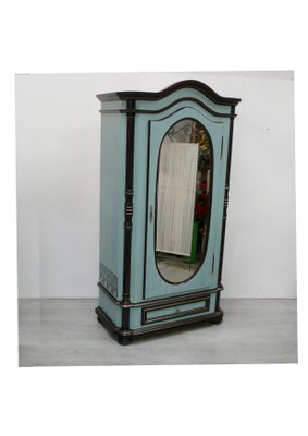 Wardrobe Cabinet 1 Door with Oval Mirror and Drawer in Shabby Mint, 1970s-HIZ-2018463