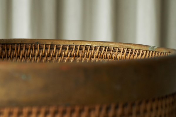 Waste Paper Basket in Rattan and Patinated Brass, 1950s-FEW-2024210