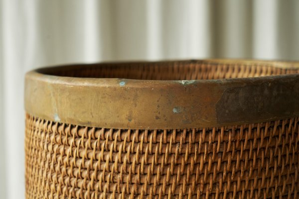 Waste Paper Basket in Rattan and Patinated Brass, 1950s-FEW-2024210