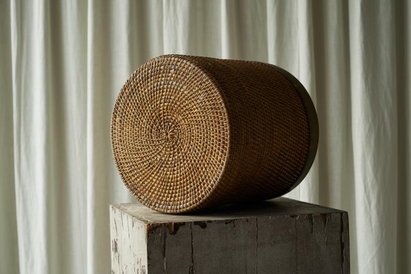 Waste Paper Basket in Rattan and Patinated Brass, 1950s-FEW-2024210