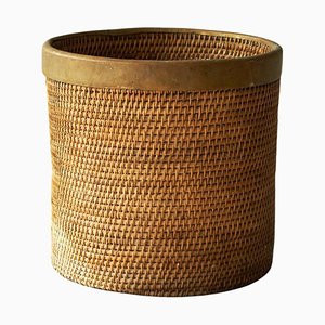 Waste Paper Basket in Rattan and Patinated Brass, 1950s-FEW-2024210