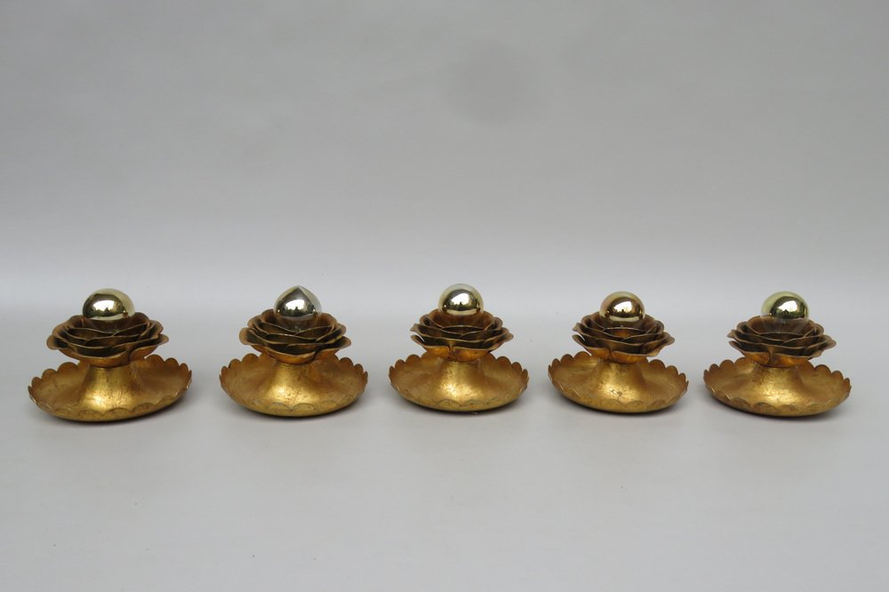 Water Lily Wall Lights in Gold Leaf and Metal by Banci Firenze, 1970s, Set of 5