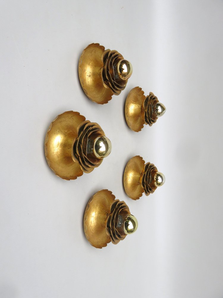 Water Lily Wall Lights in Gold Leaf and Metal by Banci Firenze, 1970s, Set of 5