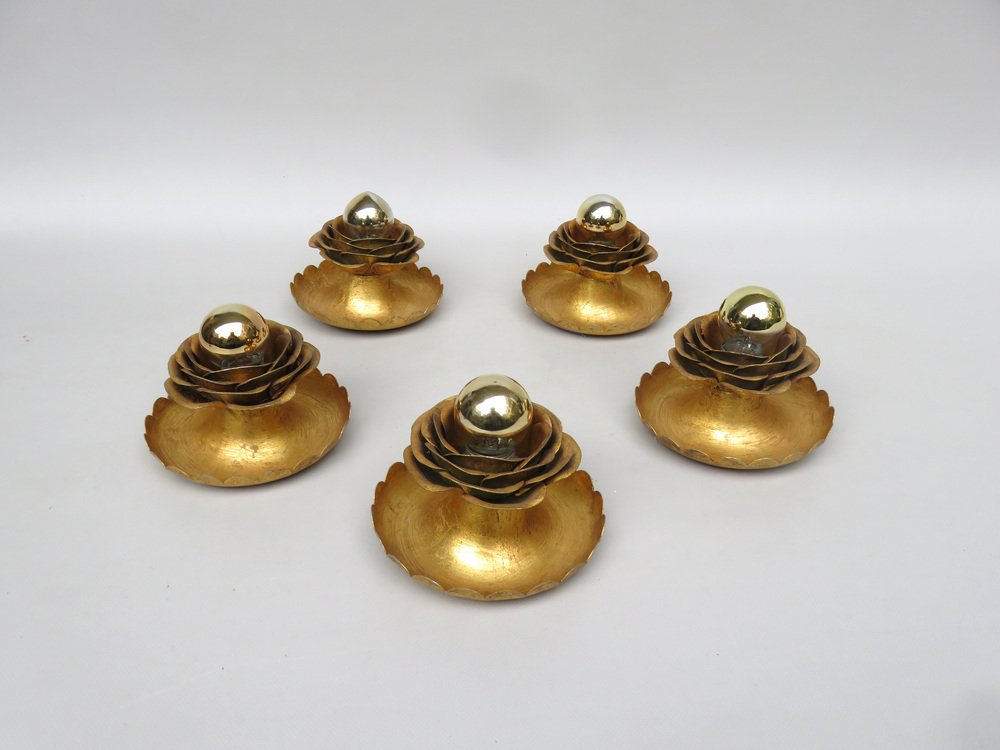 Water Lily Wall Lights in Gold Leaf and Metal by Banci Firenze, 1970s, Set of 5