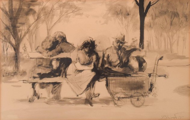 Watercolour Figures on Bench by Pedro Leitao-AOI-1154504