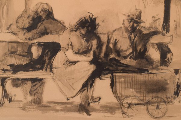 Watercolour Figures on Bench by Pedro Leitao-AOI-1154504