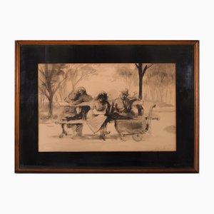 Watercolour Figures on Bench by Pedro Leitao-AOI-1154504