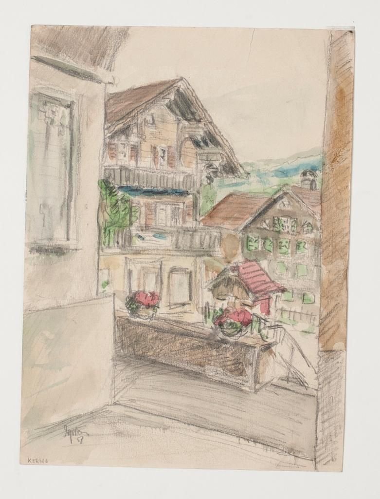 Werner Epstein - Mountain Village - Original Pencil and Pastel Drawing - 1957