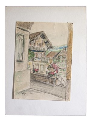 Werner Epstein - Mountain Village - Original Pencil and Pastel Drawing - 1957-ZCI-834662