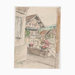 Werner Epstein - Mountain Village - Original Pencil and Pastel Drawing - 1957-ZCI-834662