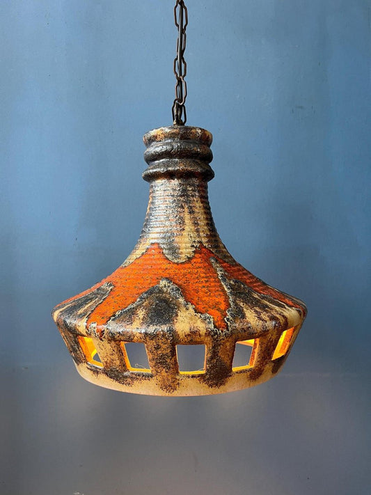 West Germany Ceramic Orange and Brown Pendant Lamp