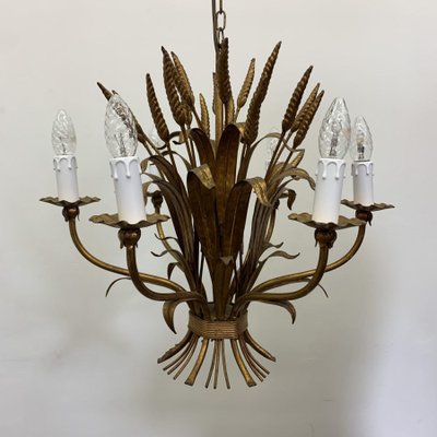 Wheat Sheaf Leaf Gold Gilt Chandelier, 1960s-BGP-733862