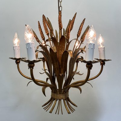 Wheat Sheaf Leaf Gold Gilt Chandelier, 1960s-BGP-733862