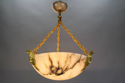 White Alabaster and Bronze Three-Light Pendant Chandelier, France, 1920s