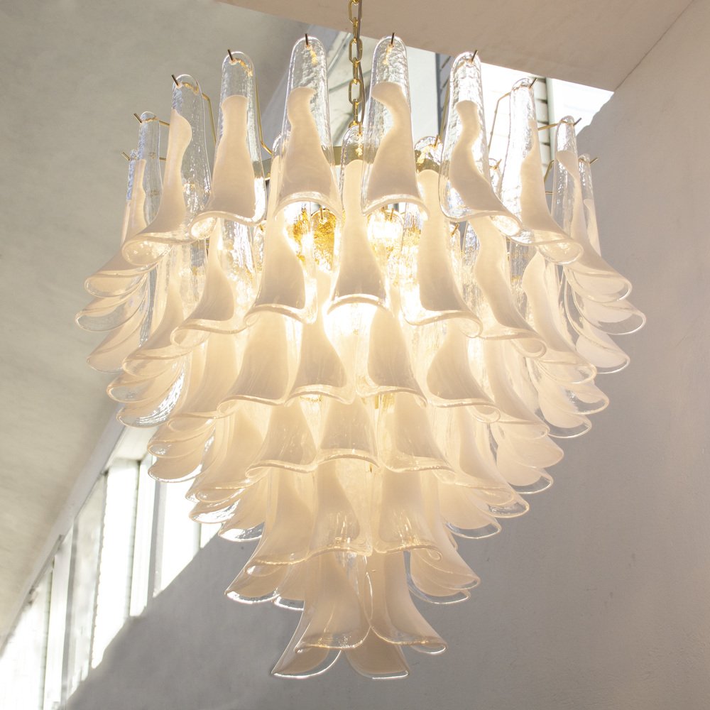 White and Crystal Color Murano Glass Petal Chandelier, Italy, 1990s