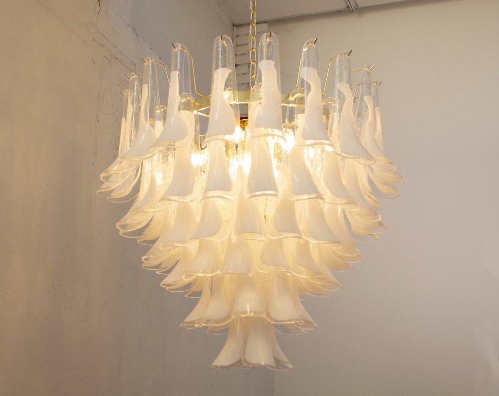 White and Crystal Color Murano Glass Petal Chandelier, Italy, 1990s