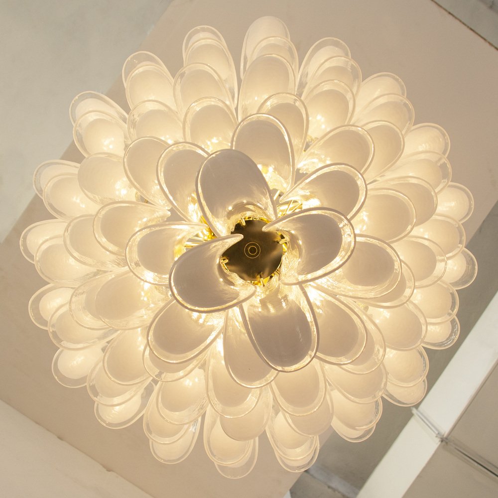 White and Crystal Color Murano Glass Petal Chandelier, Italy, 1990s