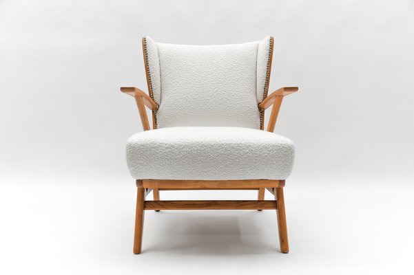 White Boucle Fabric and Wooden Wingback Armchair, Italy, 1950s-KQB-1777575