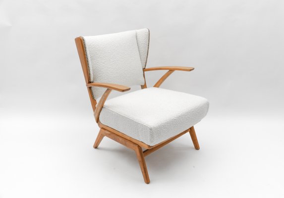 White Boucle Fabric and Wooden Wingback Armchair, Italy, 1950s-KQB-1777576