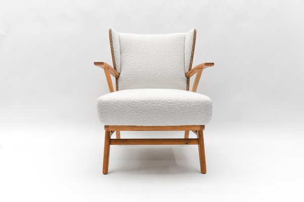 White Boucle Fabric and Wooden Wingback Armchair, Italy, 1950s-KQB-1777576