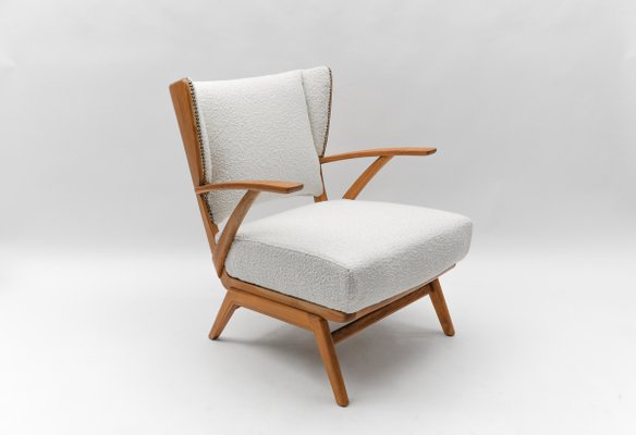 White Boucle Fabric and Wooden Wingback Armchair, Italy, 1950s-KQB-1777575