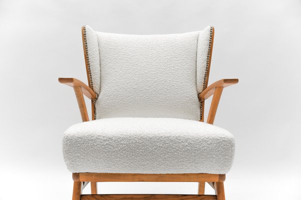 White Boucle Fabric and Wooden Wingback Armchair, Italy, 1950s-KQB-1777575