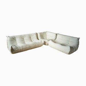 White Bouclette Togo Corner Chair, 2- and 3-Seat Sofa by Michel Ducaroy for Ligne Roset, Set of 3-IXA-1160270