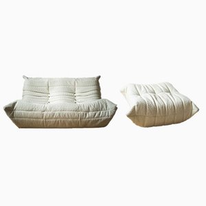 White Bouclette Togo Pouf and 2-Seat Sofa by Michel Ducaroy for Ligne Roset, Set of 2-IXA-624560