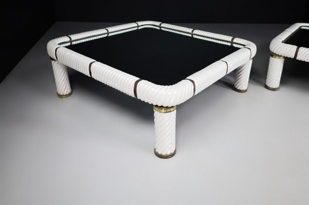 White Ceramic and Brass Coffee Tables, 1970s, Set of 2-TRW-1797071