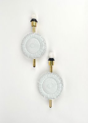 White Ceramic & Brass Wall Light Sconces, Italy, 1970s, Set of 2-LYQ-1171246