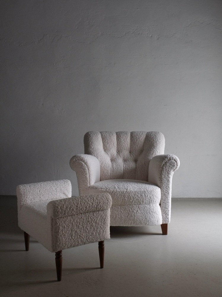 White Faux Shearling Ottoman, 1960s