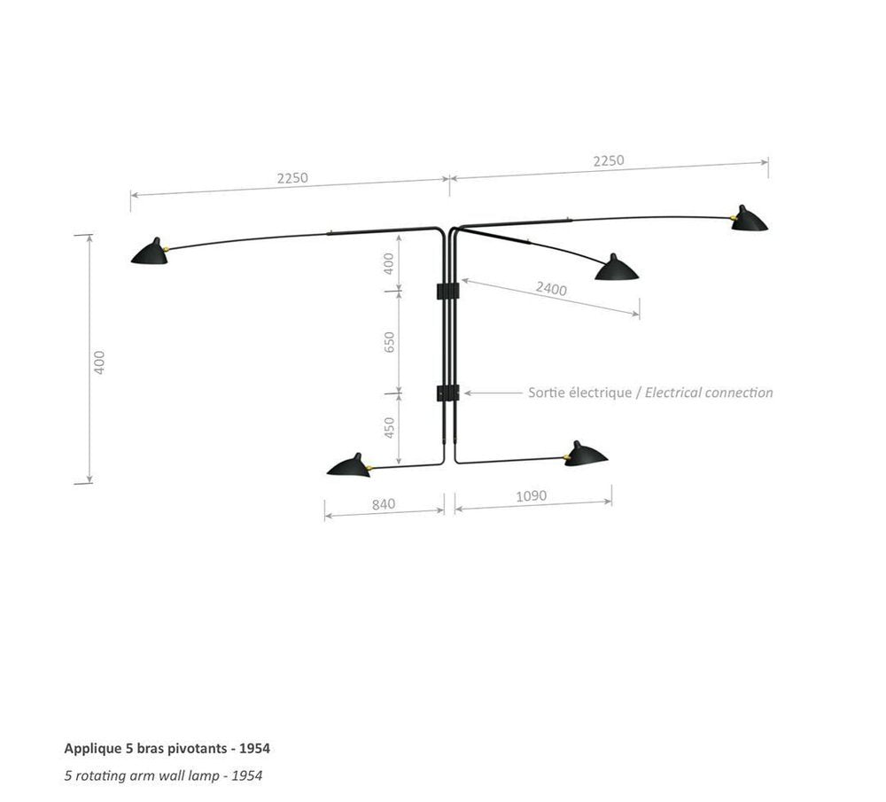 White Five Rotating Straight Arms Wall Lamp by Serge Mouille