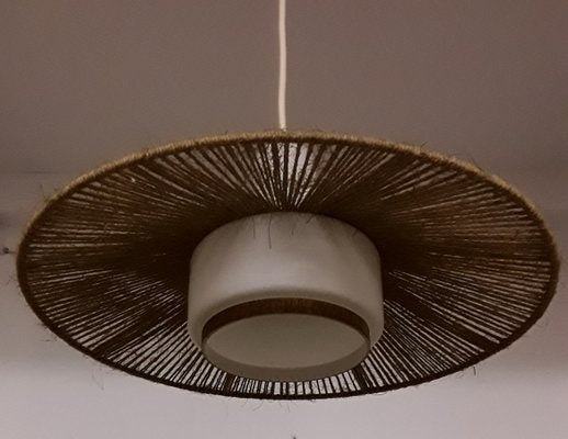 White Glass Ceiling Lamp with Teak Rim, 1970s-HOI-787332