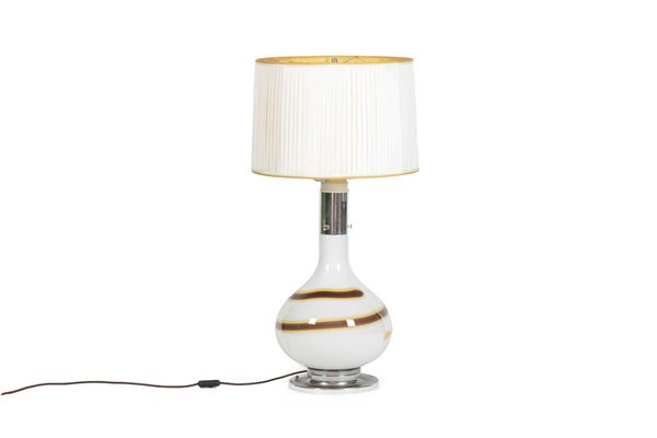 White Glass Lamp with Brown and Yellow Spiral Decor, 1970s-CEJ-1736500