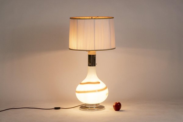 White Glass Lamp with Brown and Yellow Spiral Decor, 1970s-CEJ-1736500