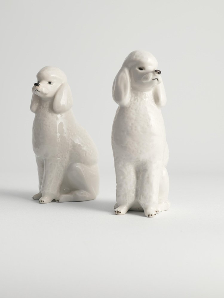 White Hand-Painted Porcelain Poodle Dogs by Lomonosov, 1960s, Set of 2