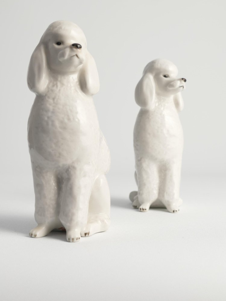 White Hand-Painted Porcelain Poodle Dogs by Lomonosov, 1960s, Set of 2