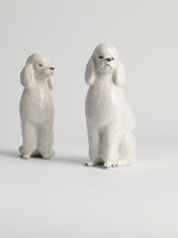 White Hand-Painted Porcelain Poodle Dogs by Lomonosov, 1960s, Set of 2