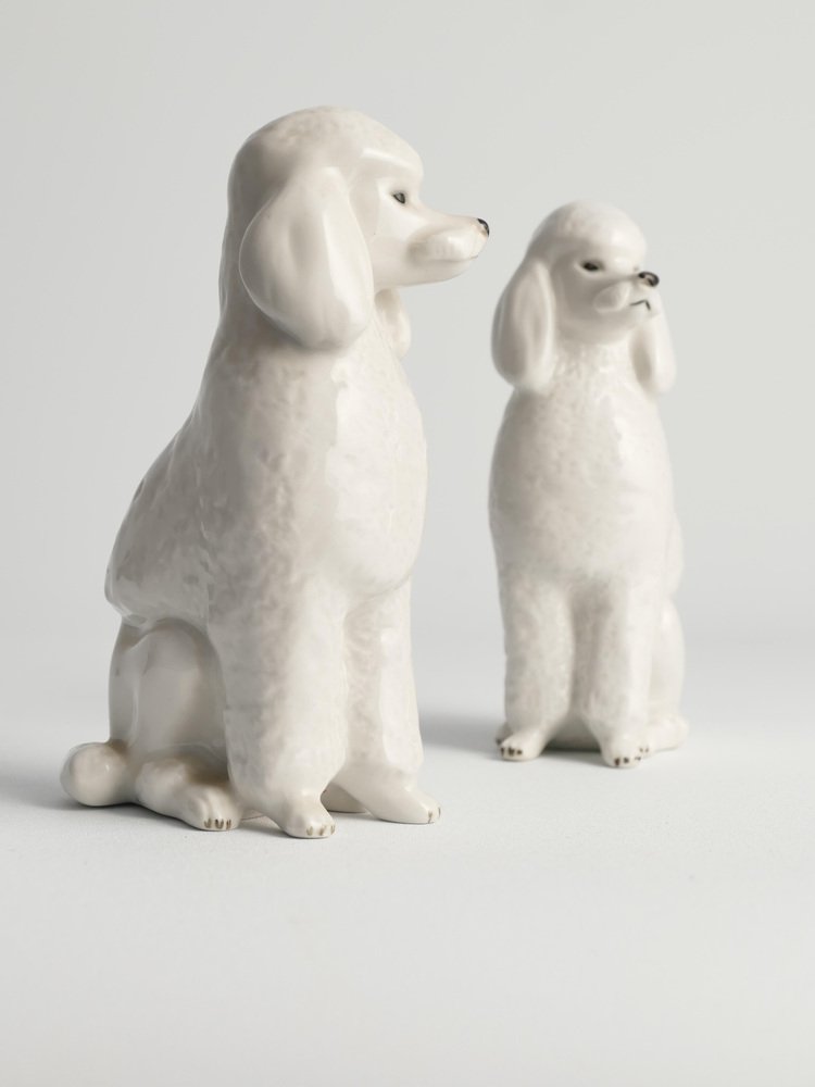 White Hand-Painted Porcelain Poodle Dogs by Lomonosov, 1960s, Set of 2