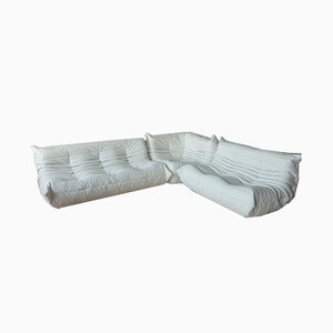 White Leather Togo Corner Chair, 2- and 3-Seat Sofa by Michel Ducaroy for Ligne Roset, Set of 3-IXA-623808