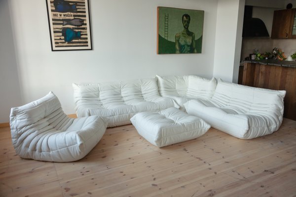 White Leather Togo Living Room by Michel Ducaroy for Ligne Roset, Set of 5-IXA-1145139