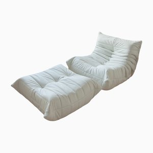 White Leather Togo Lounge Chair and Pouf by Michel Ducaroy for Ligne Roset, Set of 2-IXA-1269437