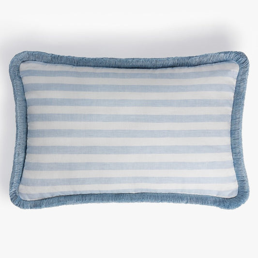 White Light Blue with Light Blue Fringes Happy Linen Striped by LO DECOR for Lorenza Briola