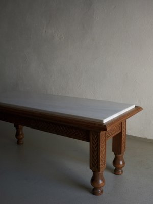 White Marble and Carved Oak Coffee Table, France, 1970s-UAO-1819506